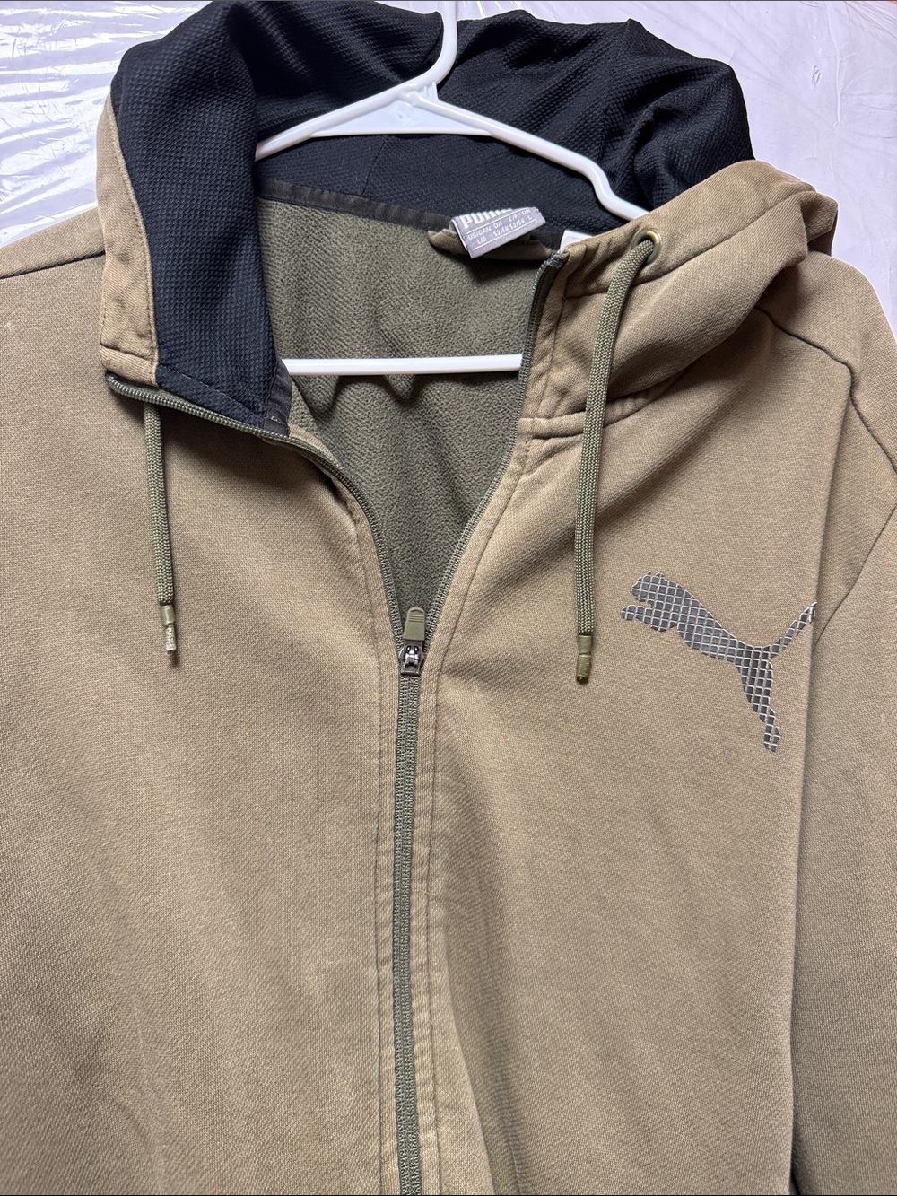 Puma Men's Olive Green Zip-Up Hoodie with Black Lined Hood
